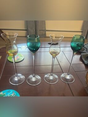 Set of Colored Stemmed Liqueur Glasses - Green and Amber
